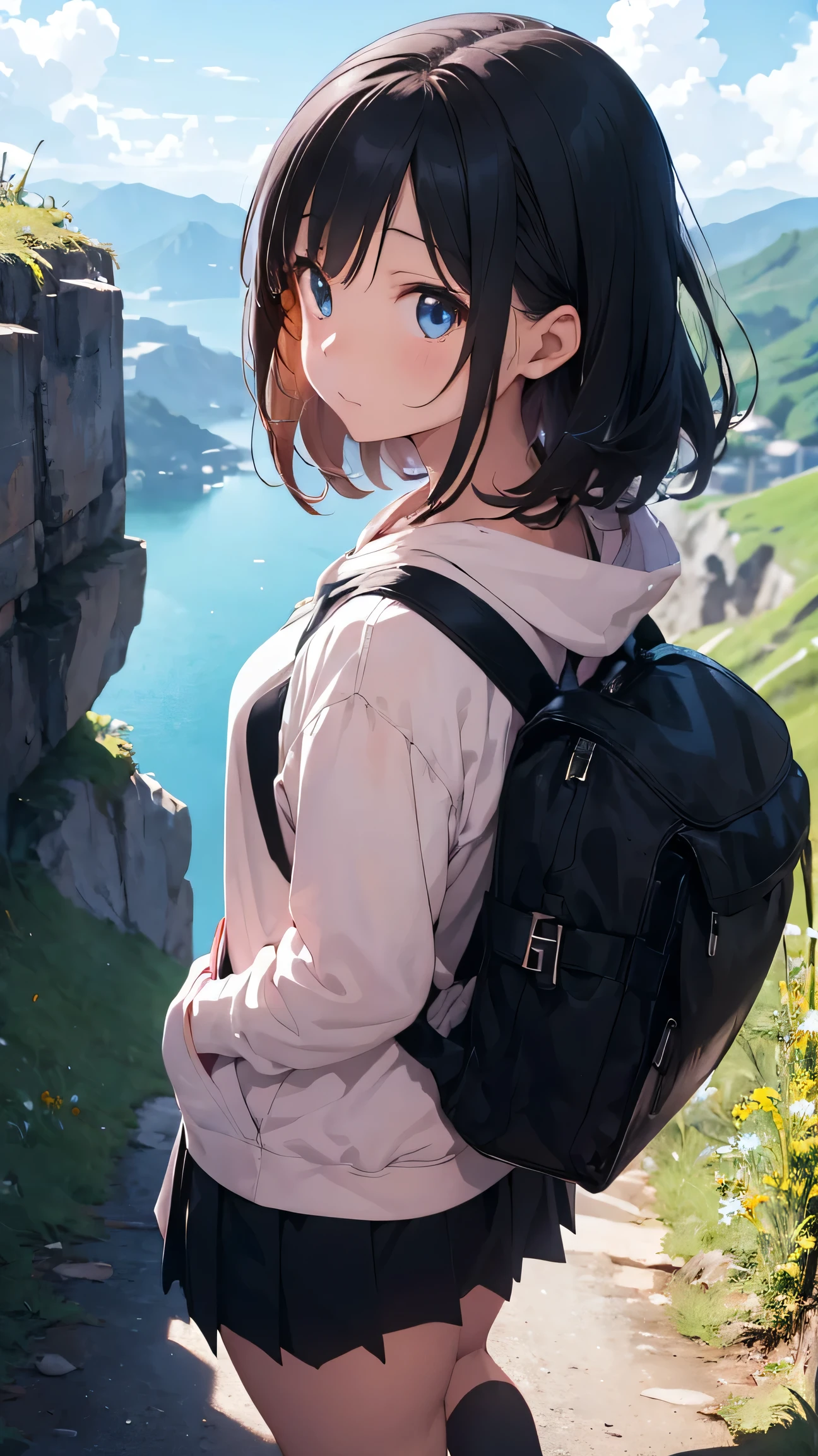 Anime girl with backpack looking at the water - SeaArt AI