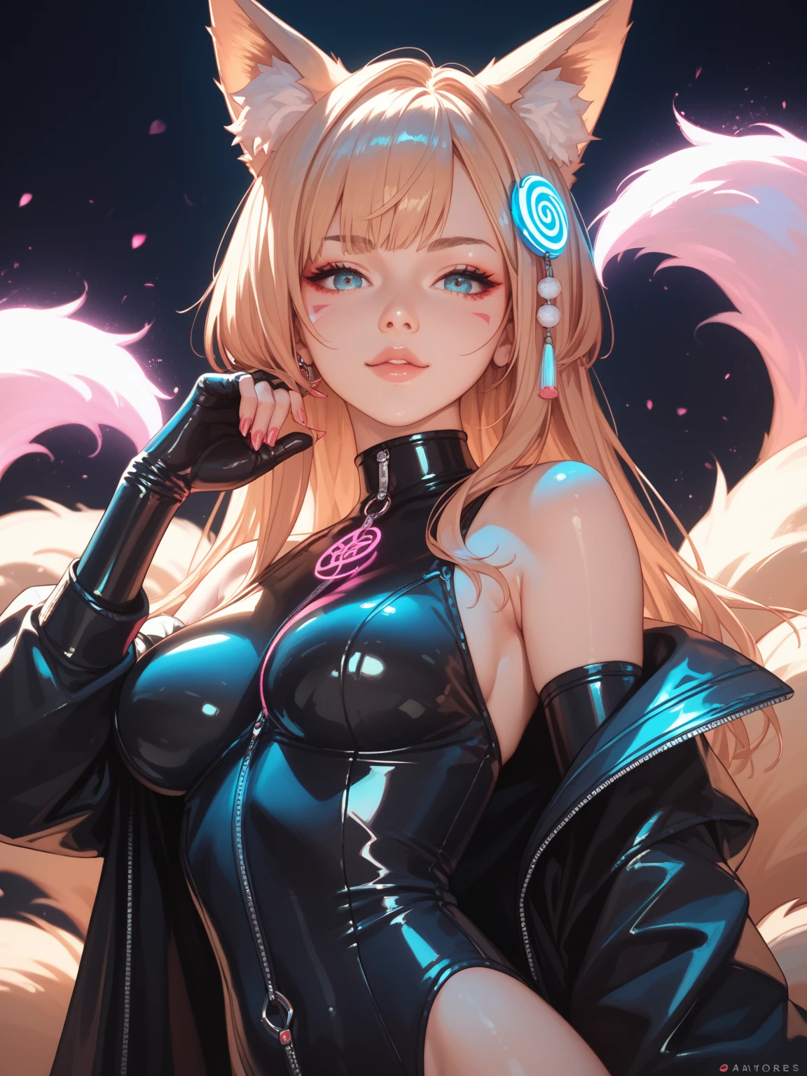 nffsw, cup, ((in container)), (masutepiece:1.6, Best Quality), (finely detailed beautiful eye: 1.2), phyami, Yami Yugi, 1girl in, Solo, Sitting, Blonde hair, (Cat's ears), Long hair, Red Eyes, Black wings, Bare shoulders, Hair intake, 鎖骨, (large full breasts),Choker,halterneck, Feathered wings, Collar, Anime coloring, hair between eye, criss-cross halter, Black Dress, Bangs, Very long hair, lightsmile, blue lights