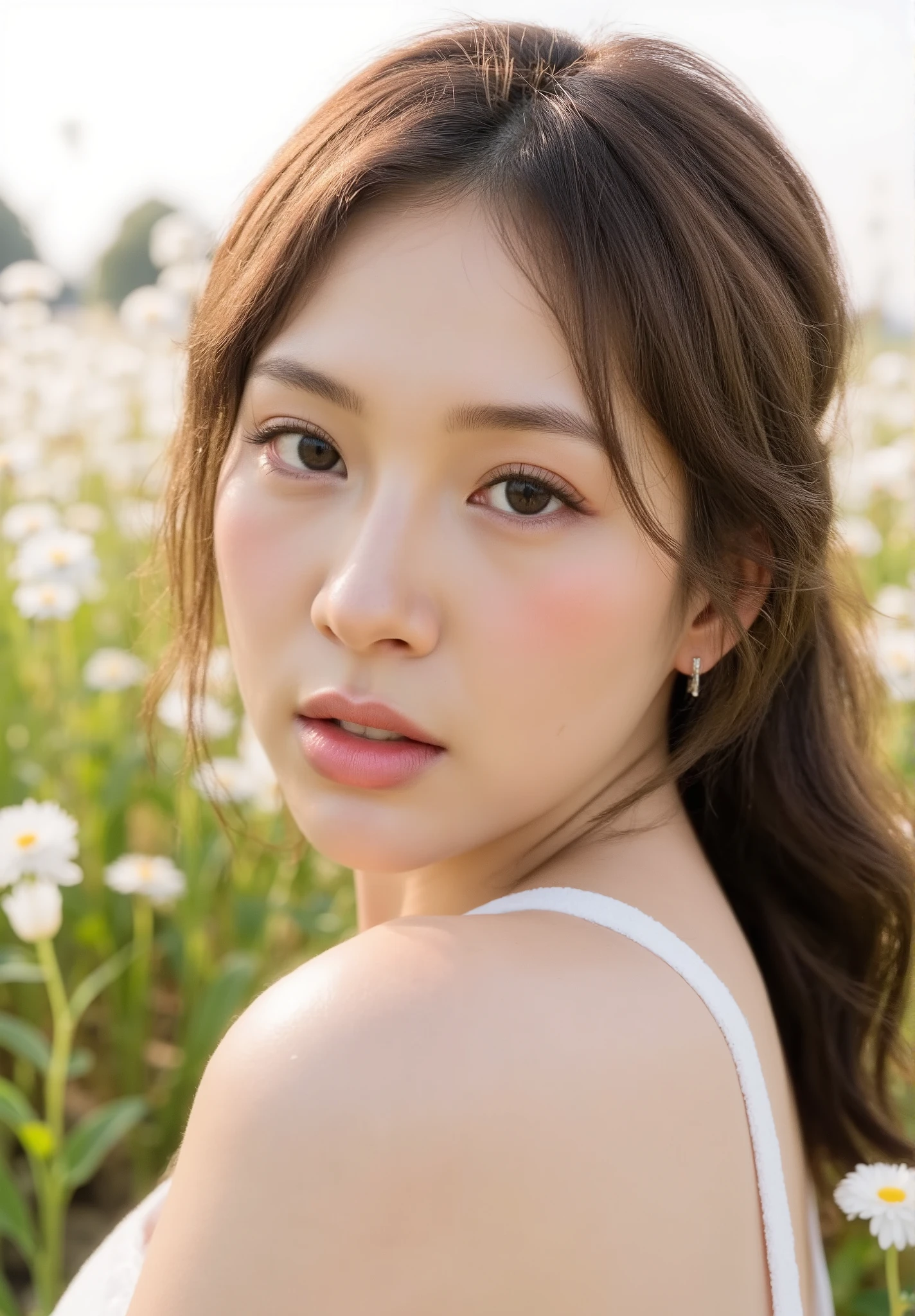 Photorealistic, high quality, ultra detailed, ultra high definition, 8K, korean woman, very beautiful, beautiful eyes, mature, white skin, busty breasts, plump lips, model, messy hairstyles , pony tail, busty breasts, bare shoulders , wearing white gown dress, model pose, in the field full of flower, dusk, basking in the dusk light, beautiful legs, full makeup , eyeliner, eyeshadow , necklace, earrings , biting fingers, biting own fingers, sensual pose