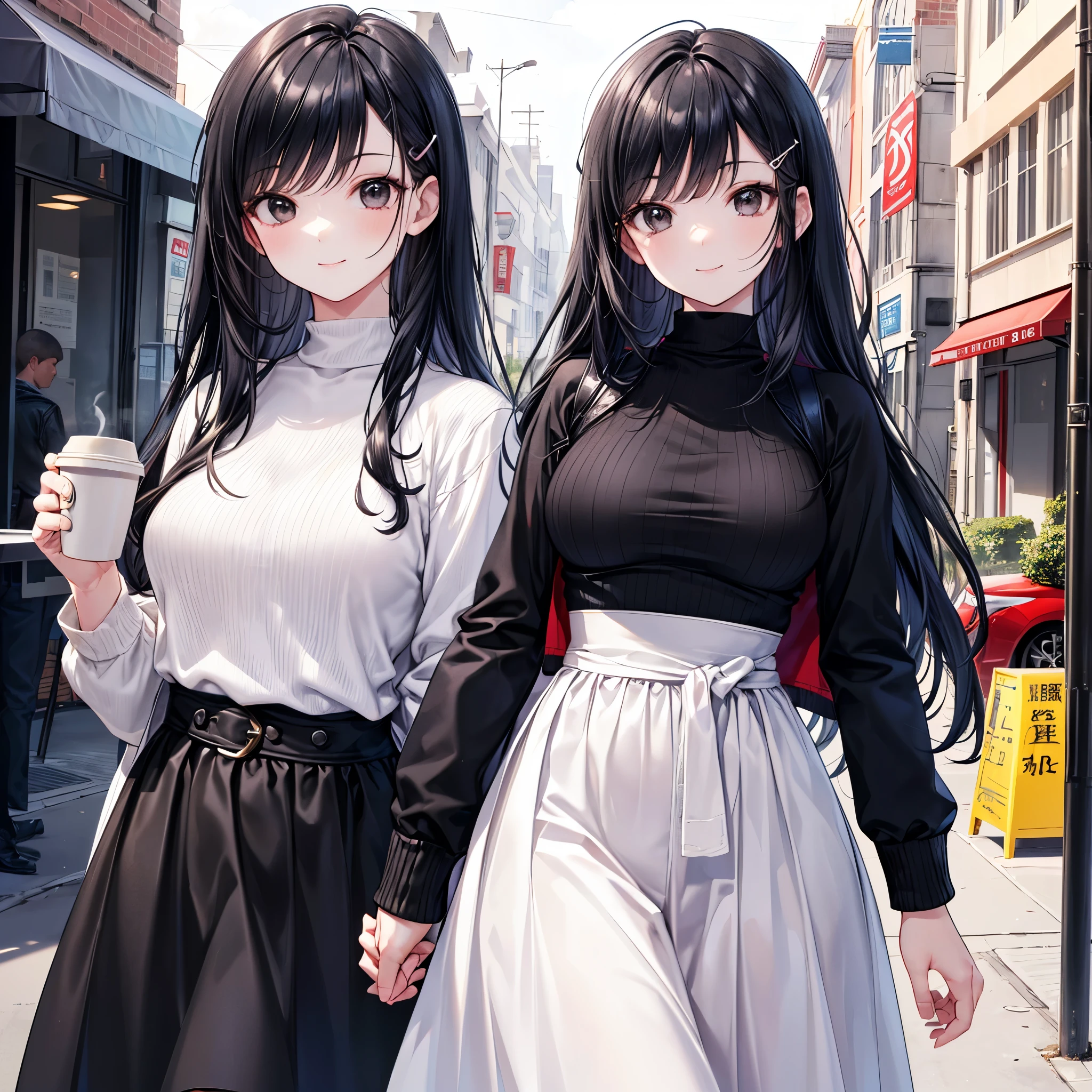 Beauty mother-in-law　Height difference　Black Hair　Straight long hair　hairpin　Knitted sweater　Mother and daughter have beautiful breasts　The wind flips up my skirt　White panties



