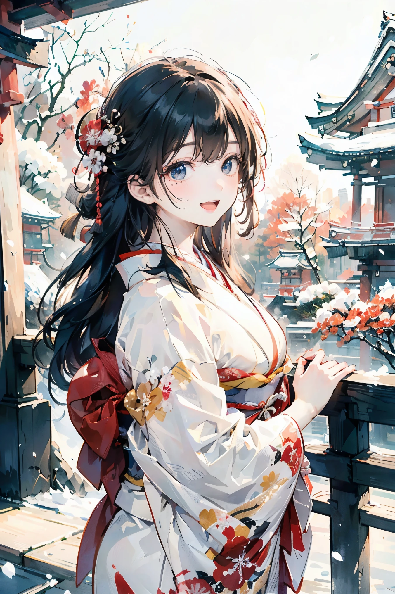 Realistic painting、 Line Art、 the style of ink painting is fused in a ratio of 2:3:5 ,((perfect anatomy, Anatomically Accurate, super detailed skin )), 1 girl, Japanese, Women's College, shiny skin, Temple's Big Breasts :0.5, looks up , Show view , beautiful hair, facial beauty, beautiful, fine eyes , (mid-length hair:1.5, Japanese hair:1.5), black hair, blue eyes, baby face , mole under eye, ((( red floral kimono ), hair accessory)), ((smile:1.5, Open Your Mouth Wide)), walk, ( beautiful scenery ), winter, dawn, (new year),((The background is the precincts )), snow, snowfall:1.5, Frozen Weather, frost, (8k, best quality, masterpiece:1.2, very detailed), ( photorealistic), beautiful illustration , natural light ,