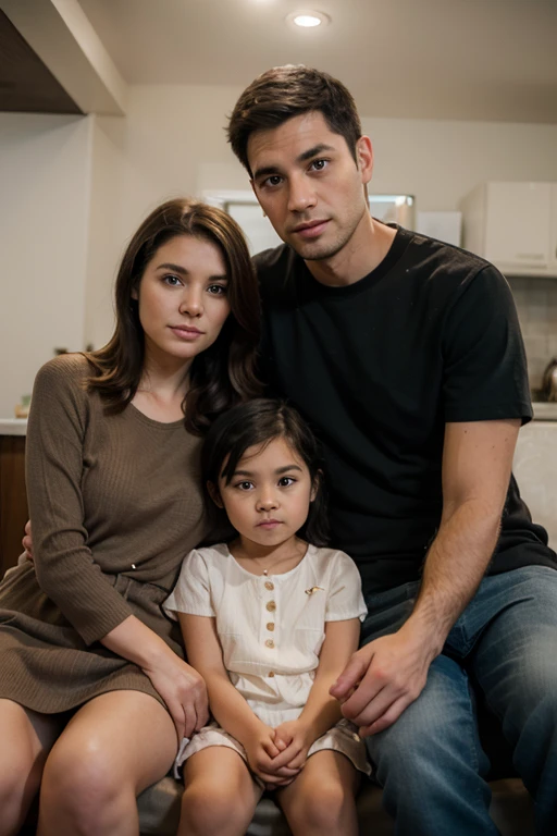 Hyperrealist portrait of a family consist of 1 man 1 woman and 1 little daughter