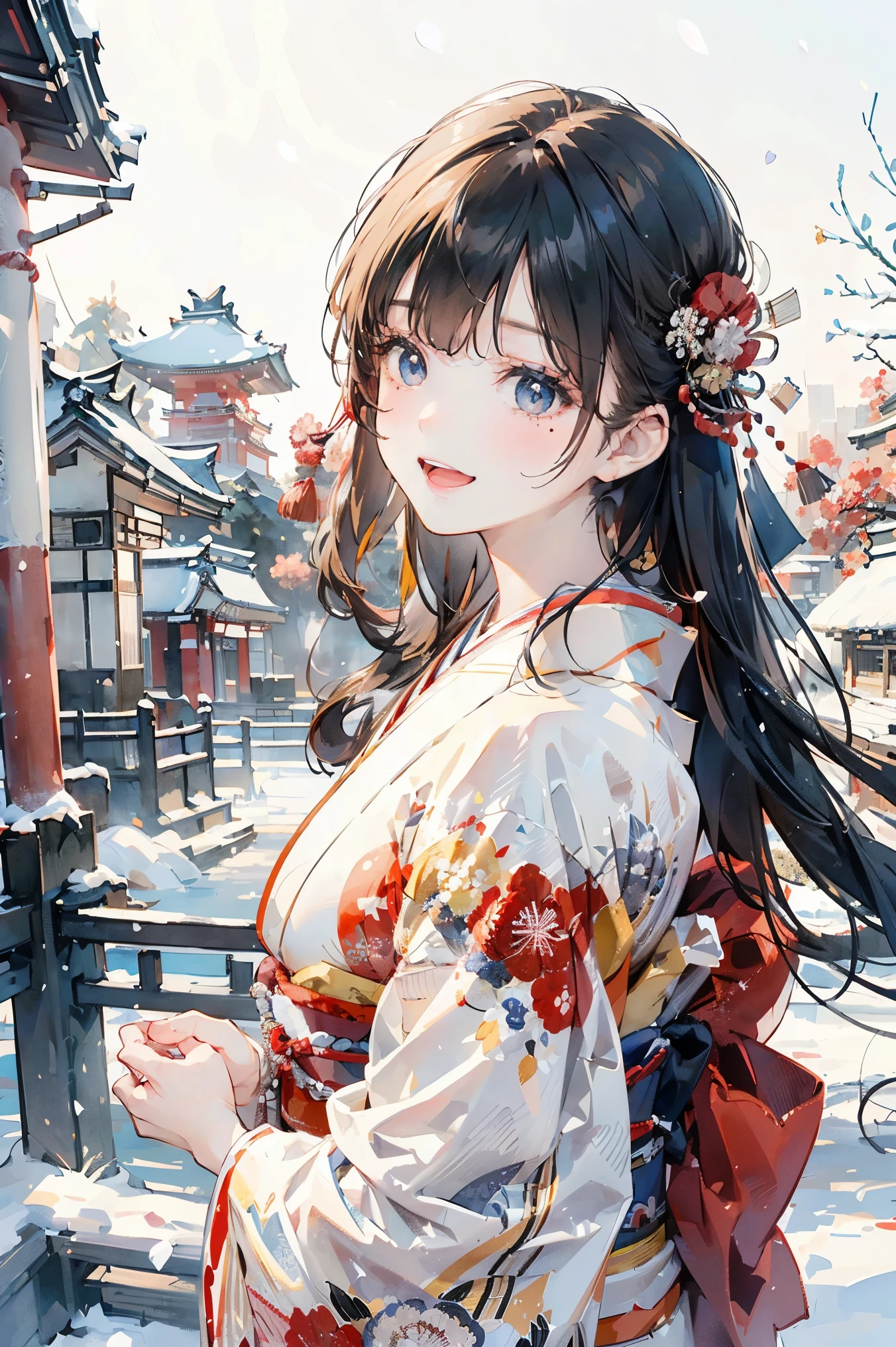 Realistic painting、 Line Art、 the style of ink painting is fused in a ratio of 2:3:5 ,((perfect anatomy, Anatomically Accurate, super detailed skin )), 1 girl, Japanese, Women's College, shiny skin, Temple's Big Breasts :0.5, looks up , Show view , beautiful hair, facial beauty, beautiful, fine eyes , (mid-length hair:1.5, Japanese hair:1.5), black hair, blue eyes, , mole under eye, ((( red floral kimono ), hair accessory)), ((smile:1.5, Open Your Mouth Wide)), walk, ( beautiful scenery ), winter, dawn, (new year),((The background is the precincts )), snow, snowfall:1.5, Frozen Weather, frost, (8k, best quality, masterpiece:1.2, very detailed), ( photorealistic), beautiful illustration , natural light ,