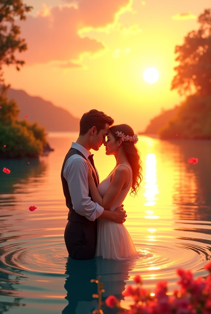 Silhouette of Indian lovers hugging each other in the distance, red sky at sunset, Painting, Absurd, High resolution, Super sharp, 8k, masterpiece