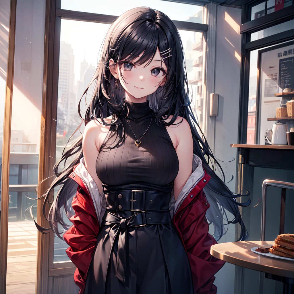 tmasterpiece, Best quality at best, A high resolution, Mature girl, girl, sliver long hair, ponytail haircut, 黑The eye, Very huge, nice black sweater, shopping mall, pouty, Be red in the face, of shoulders, of arms