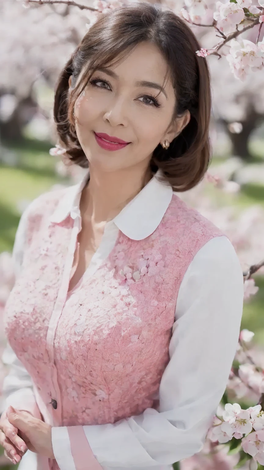 ((highest quality)), ((8K)), ((masterpiece: 1.3)), (perfect appearance), (photorealism: 1.6), (SO), (Mature woman looking up at the cherry blossom tree), perfect anatomy, ((Age 65)), (I'm looking up at the cherry blossoms blooming on the trees), ((white blouse)), ((lipstick, eyeshadow, eyeliner)), ((gentle smile)), (Upper body of a mature woman), (River edge lined with cherry blossom trees),