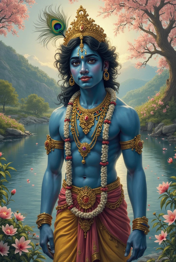 Image of lord Krishna realastic vibrant blue color with a garland of lotus more realastic more realastic in the season of holi with a small cow more realastic