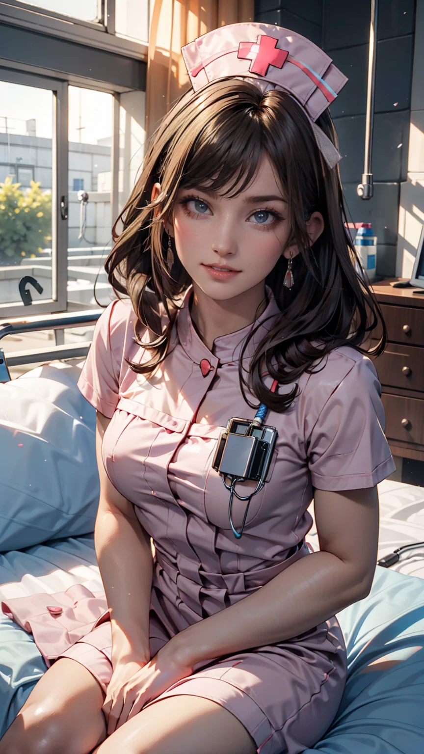 nsfw, Pornographic images,Movie Scenes,Fantasy art,Best image quality,Surreal portrait,(8k),Ultra-realistic,最high quality,high quality,High resolution,high qualityの質感,Attention to detail,Beautiful details,Fine details,Highly detailed CG,Detailed Texture,Realistic facial expressions,Tabletop,before,dynamic,bold,1 Girl,(Ideal body proportions:1.5),Highly detailed skin,curve,,Beautiful breasts, (Big Breasts:1.4), (Ample breasts:1.4),Pale skin,Pointed Chest,(Erect nipples:1.2),(Thin Hair),(Soft Hair),(Super Straight Hair),Long, slicked bangs,Very light coppery amber hair,Hair on one eye,(Pink nurse uniform:1.3),(Sculptural installation:1.5),(hospital、Hospital room、Patient Bed:1.5), (Open clothes:2.0), (Lying in bed:1.6), Inviting, (A seductive smile), Cleavage, (Ｔback:1.4), Knee Up:1.2, (Sticking out tongue:1.9), (whole body:1.8)