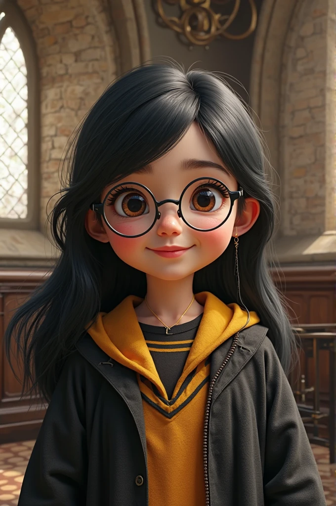 3D rendered image,Use cute Q version style,Draw characters from the novel Harry Potter and the female character Miraculous,8-year-old Miaoli looks like a cartoon,With a magical background。