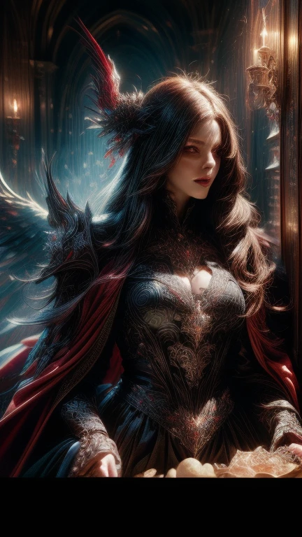Realistic beauty elf (red lips), in fantasy detailed fantasy clothes, cinematic pose, sharp focus, masterpiece, ultra quality