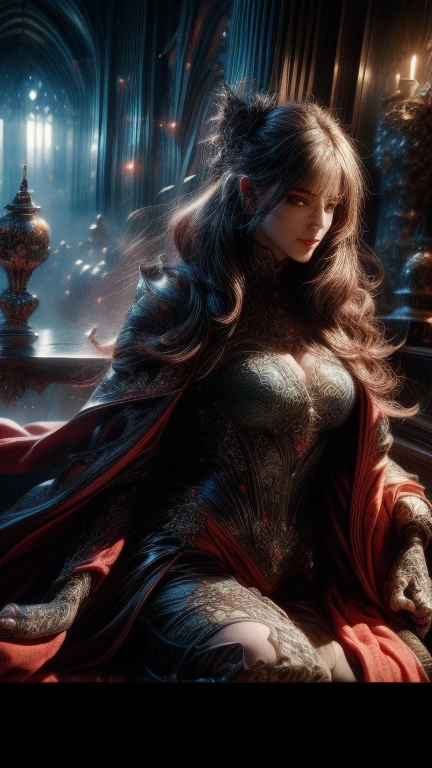 1 girl, elaborate dress, off the shoulder dress, exposed shoulders, dark hair, beautiful face, beautiful eyes, castle, fantasy, detailed, masterpiece, high quality, jewelry, crown, princess, sultry look, seductive