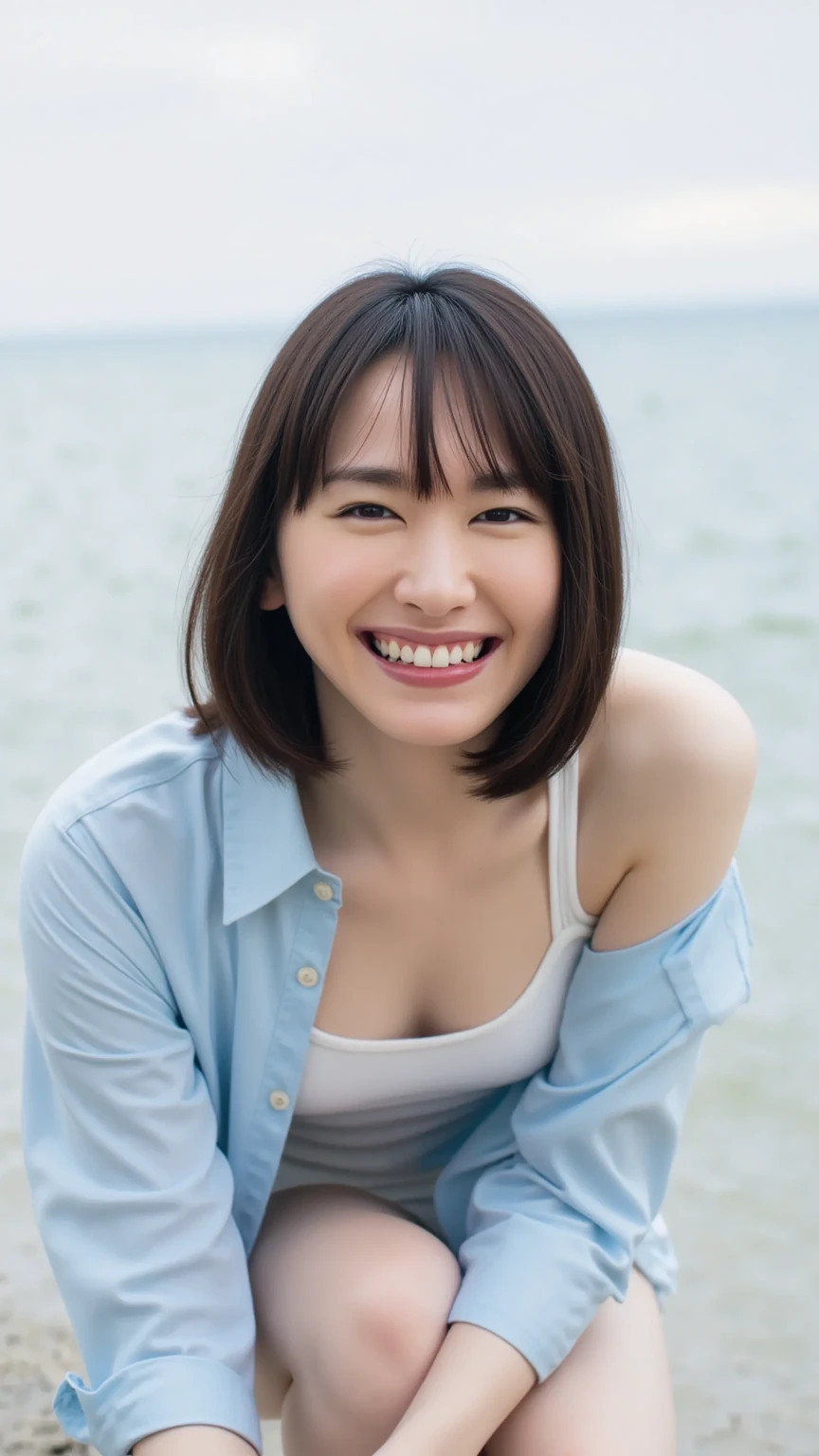 ((史上類を見ないmasterpiece、highest quality、woman, 58 years old、(wrinkled face:1.1)、(wrinkled body:1.3)、grin and laugh、japanese mature、((sloppy body:1.1))、erotic lingerie、down blouse、(leaning forward:1.3)、(oversize tshirt、Loose-fitting T-shirt、Low Cut T-Shirt:1.2)、(highest quality、8K、32K、masterpiece)、(Detailed bra)、Japanese、squat、bright smile、outside the house、blurred background、upper body close-up、shot from above、patting the head