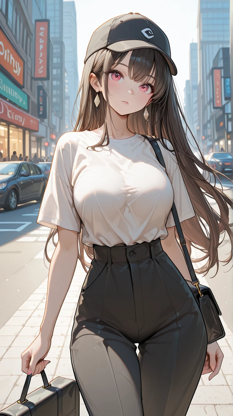 ((masterpiece,best quality anime,Highest quality:1.3)),realistic,cowboy shot,25 year old beauty,独奏,1woman,((very small head:1.3)),((very long body:1.2)),ideal ratio body proportions,tan skin,brown hair,bangs,straight long hair,gorgeous eyes,brown eyes,smile,White T-shirt、Light grey cotton shorts,((slender body,skinny,toned body)),small breasts,gleaming skin,、on street,Shibuya Station、、