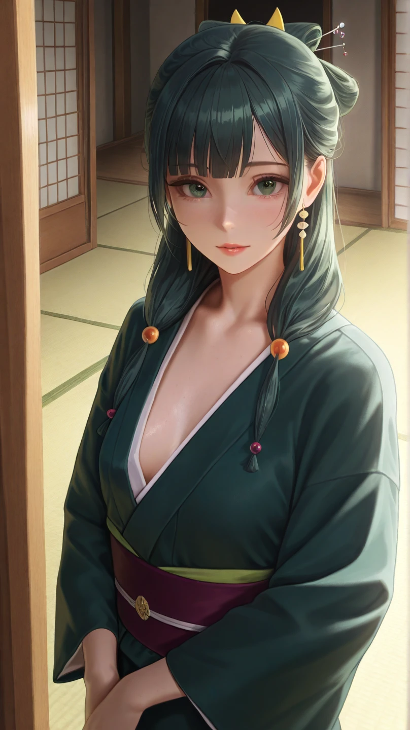 (Masterpiece, High Quality, Top quality, High-Detailed, Detailed CG, Cinematic Shadow, Cinematic Scene, Beautiful Detailed Eyes, Ultra Resolution, Depth of Field, High Resolution, Masterpiece: 1.2), Anime Art style, Very Detailed, Dynamic Angle, Teen Style, Detailed Green Hair, Detailed Blue Eyes, Slim Body, Sparkling Eyes, Sparkling Detailed Eyes, Hair Accessory, Earrings, Slightly Blunt Bangs, Looking at the Audience, (Blush Expression:1.2), (Angry Expression:1.2), (Dark Green Hair), (Chinese Style Lingeries), (Chinese Lingeries)(Chinese Underwear), (Chinese Flower Pattern on Lingeries), Lingeries, Underwear, Purple Eye, Five Fingers, Good Composition, Arms, Thighs, Small Breasts, Small Size Breasts, sitting, Spread Legs, Blur Background, Chinese Architectures