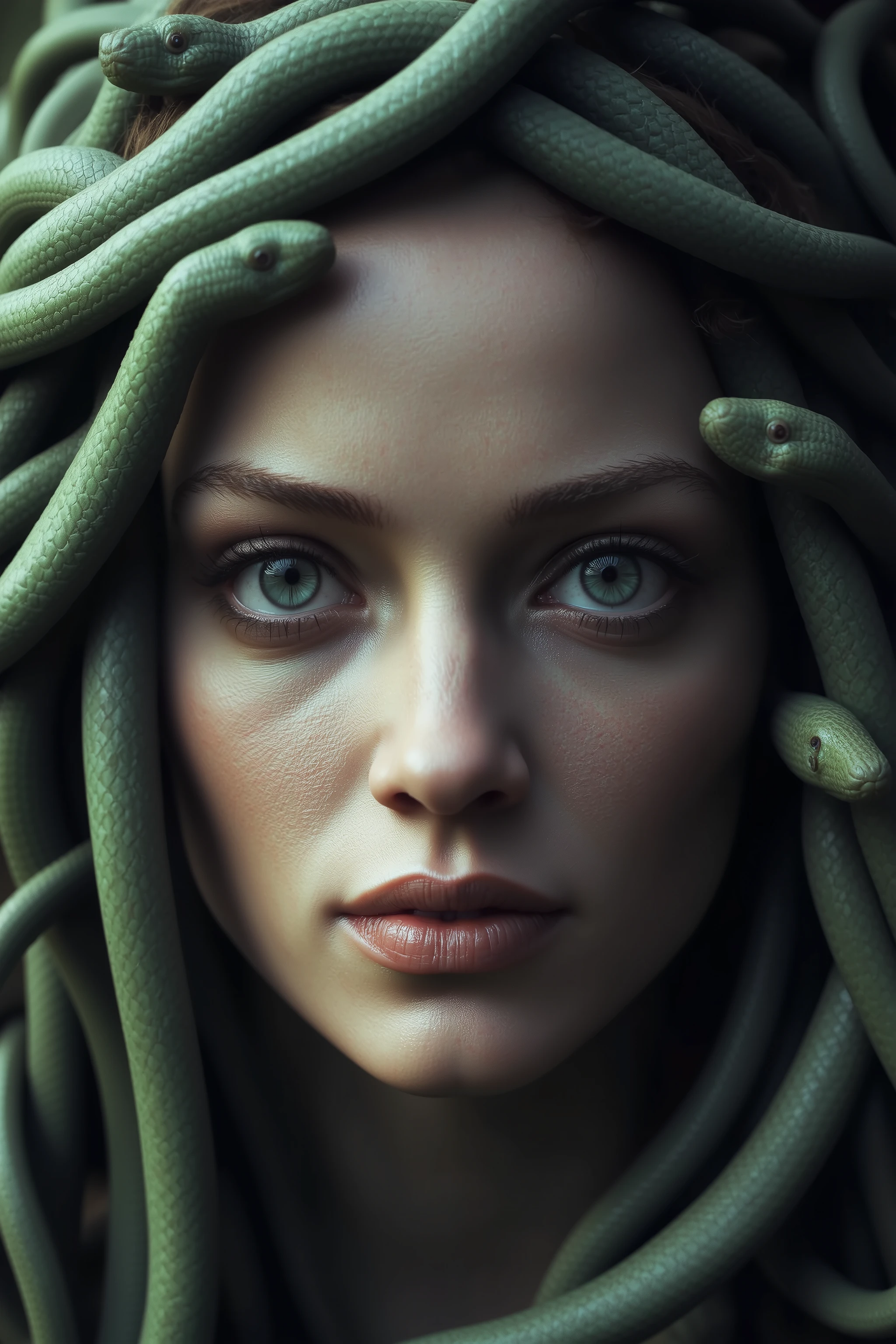 Closeup portrait of Medusa, seductive green eyes looking to the camera, little snakes as hair, ultra detail, photorealistic, Obra maestra, Profundidad de campo, Claroscuro,