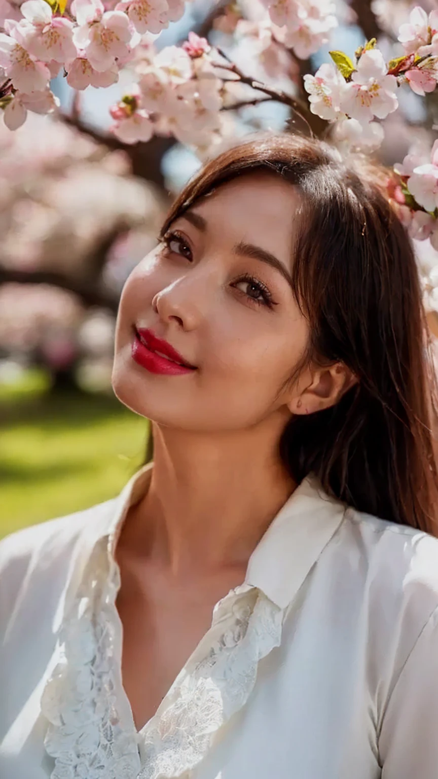 ((highest quality)), ((8K)), ((masterpiece: 1.3)), (perfect appearance), (photorealism: 1.6), (YR), (Mature woman looking up at the cherry blossom tree), perfect anatomy, ((Age 65)), (I'm looking up at the cherry blossoms blooming on the trees), ((white blouse)), ((lipstick, eyeshadow, eyeliner)), ((gentle smile)), (Upper body of a mature woman), (River edge lined with cherry blossom trees),
