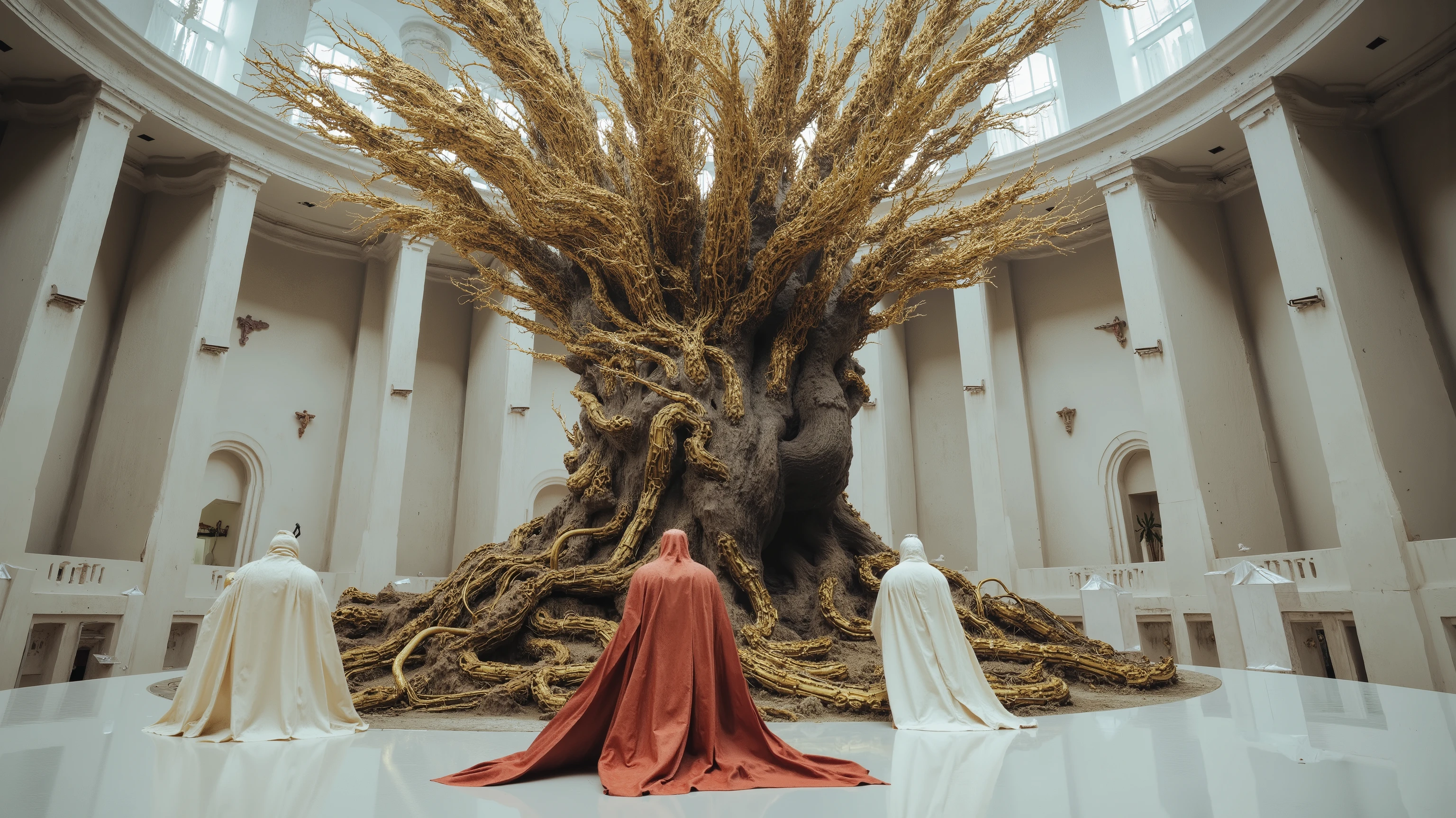 There is a large golden tree inserted directly into the sky in the center of the large round white square,The tree is bigger than the palace,The tree is tall,Elevation angle shooting,大Wide-angle composition,The tree is made of golden pipes and circuits,Tree roots are pipes and wires in the ground,tree with a cape standing around a circle of people wearing white cloaks,The cape has a golden circuit texture,The inside of the cape is red,A sense of emptiness in the scene,Sacred,Science Fiction,metal texture,大Wide-angle composition。There are huge tall white square columns on the periphery of the square,Pure White Holy,There are many circuit textures on the columns, Grid light and shadow,Pillars soar into the clouds,creates a sense of depth and perspective, Dark Tones,Film composition ,Wide-angle composition,Movie lighting ,Art by Piotr Jabłoński,drk4rt,Billie Eilish