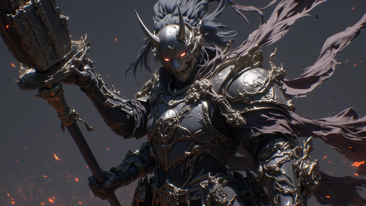 1girl, samurai armor, helmet oni evil mask,intricate, ornaments detailed, cold colors, metal, egypician detail, highly intricate details, realistic light, trending on cgsociety, glowing eyes, facing camera, neon details, ultra realistic details, portrait, japanese atmosphere, global illumination, shadows, octane render, 8k, ultra sharp
