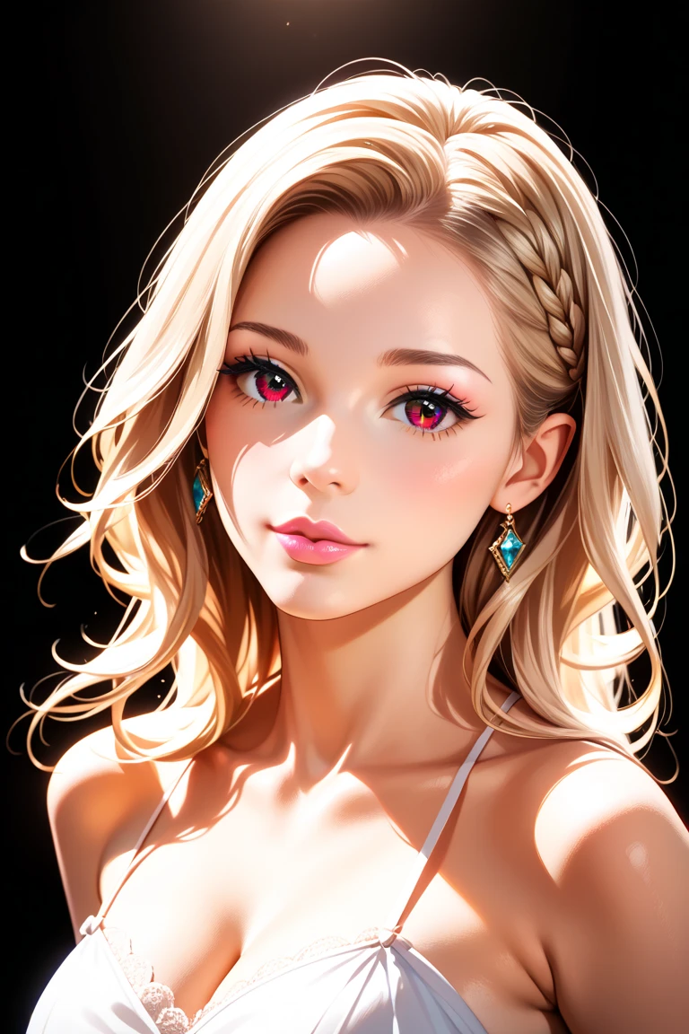 1girl,a beautiful fashion model ,(masterpiece, detailed background, best quality), shiny hair, blonde hair, pink eyeshadow, smirk, juicy lips, red lips, lingerie, stripping, elegant makeup, exhibitionism, torn outfit, makeup, tan skin