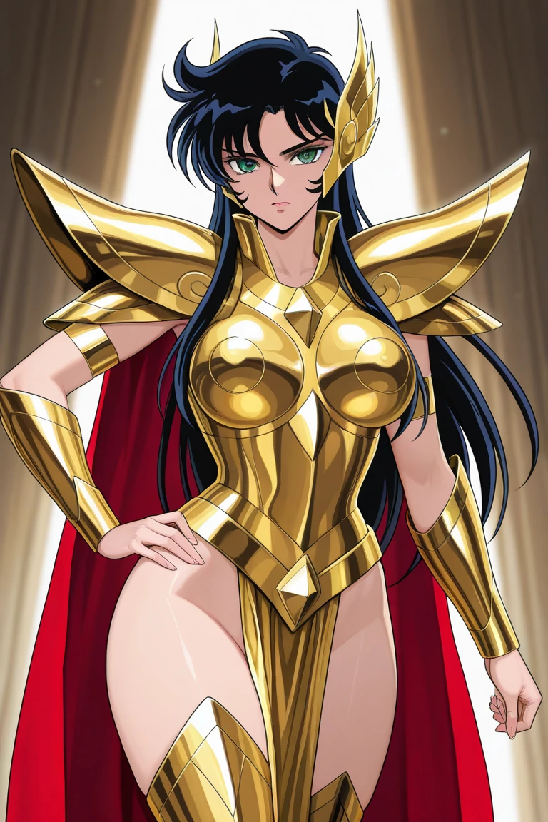 Akane tendo, cabello azul, Cabello corto, ojos azules, ojos detallados, cara de placer, muslos, pechos grandes, cuerpo completo, pose vulgar, vulgar, pechos vulgares, escote muy grande, senos grandes, armadura dorada, Saint Seiya Zodiac, Zodiac Sagittarius gold Armor, armadura brillante, sexy Armor, pose sexy Cleavage Bulge, bursting Breasts, Spilling Out, pose sexy
