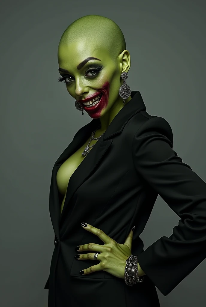 White skin woman , white background, tight cropped and short red with low neckline on the breasts, shorts jeans curto,big ass and mega big breasts,with tattoo all over the body,chubby body, greeneyes, brown curly hair ,don&#39;t smile ,mafia look, holding a joint , body of coast, Green fluorescent Lan mask that covers the entire face except the mouth and eyes 