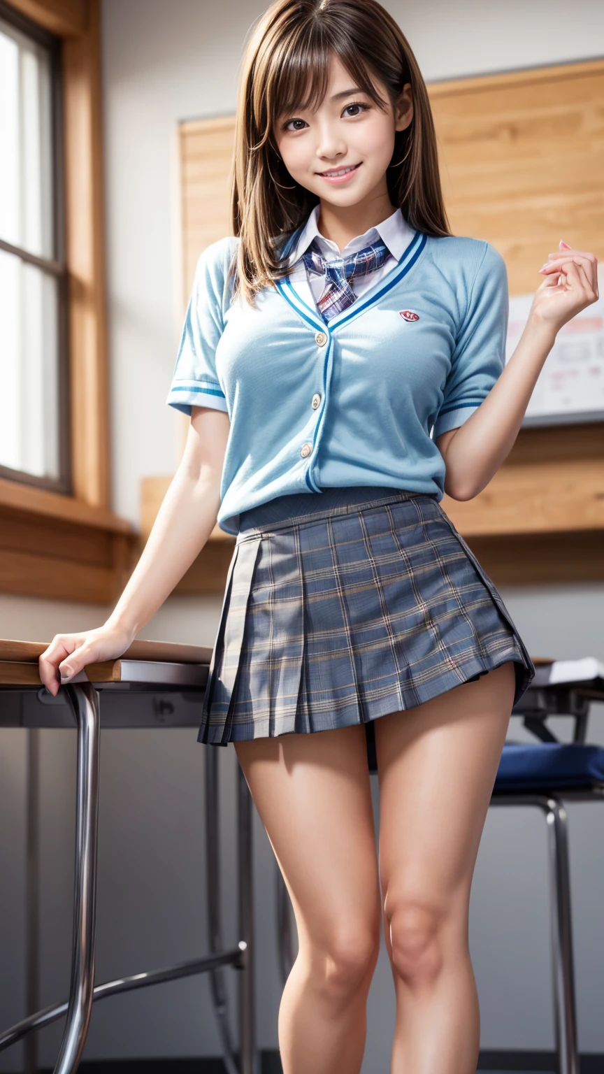 (Crotch close-up)、Browsing Caution:0.3、(Emblem on chest)、Female student in classroom、Trendy hairstyle with short bangs、(smile)、(Mature Woman)、(18-year-old)、((Big Breasts))、((Super tight fitting collared shirt))、(The school emblem is on the left chest.)、Checkered pleated skirt、Navy blue socks、loafers、Knee-length skirt、(ribbon)、((Black Hair))、highest quality、超A high resolution、(Realistic:1.85)、Beautiful Japanese Eyes、Super Beauty、Perfect Style、Perfect balance、Detailed skin、((Delicate photo))，(Detailed RAW photos of girls), (Tabletop:1.25), (highest quality:1.6), (超A high resolution:1.5), (Realisticです:1.75), 8K resolution, Canon EOS R5, 50mm, Absurd, Very detailed,Cinema Lighting、((Simple panties are visible))、((Spread your legs))、((Realistic crotch))、(Bite)、((Very small frilly panties))