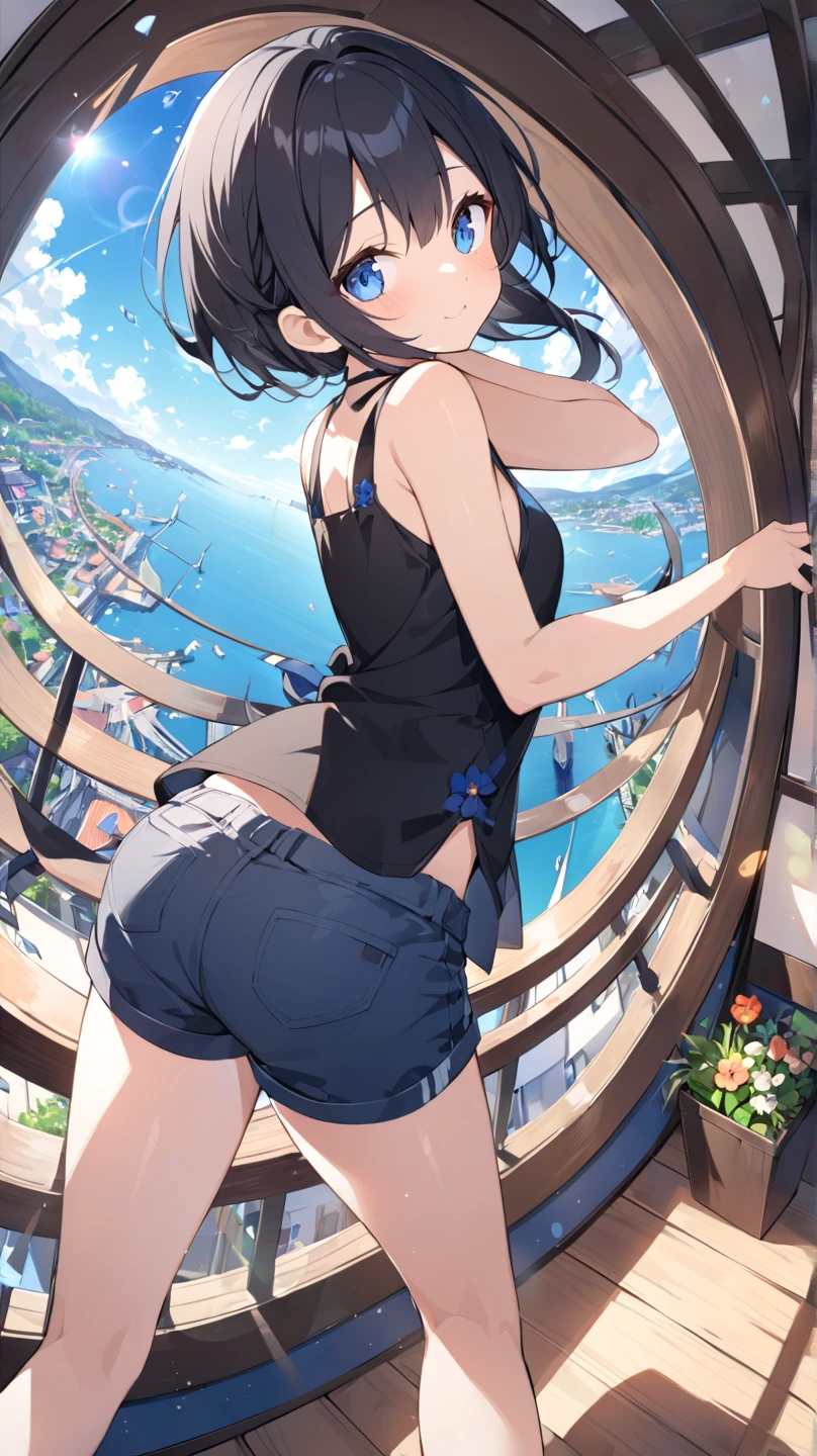 (masterpiece, best quality), (closeup), 1girl, petite, loli, slim, (crop top, white panties), (fly above earth), from behind, bottom, cityscape, blue sky, bright sunlight, vibrant colors, watercolor