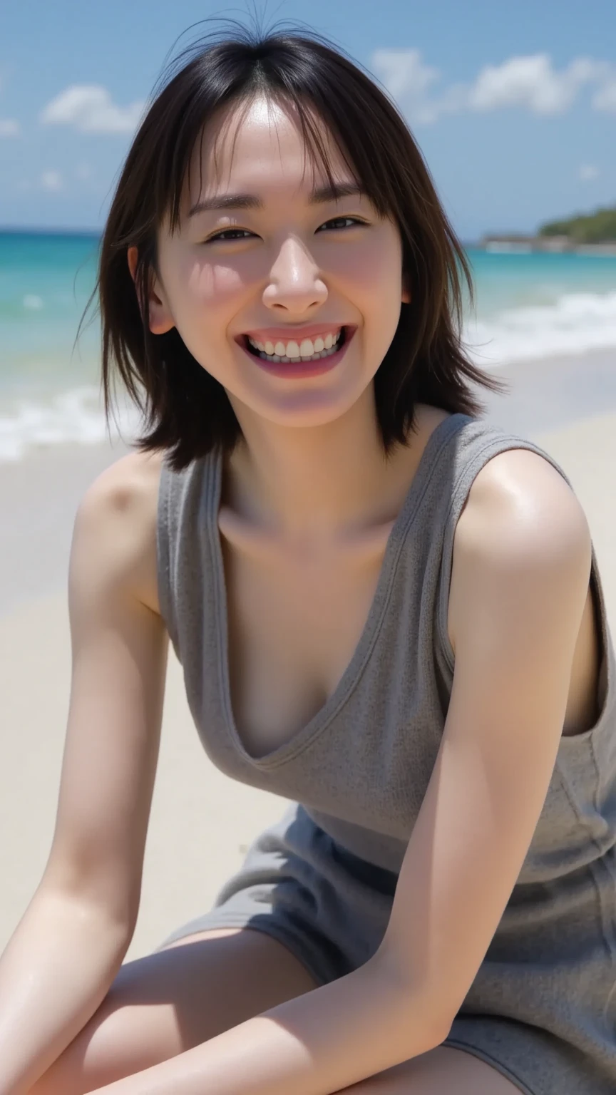 Top quality, 1 beautiful woman, Super short Hair, Gold Hair, wearing tanktop , Laugh, Sunlight, at Beach, Swayback