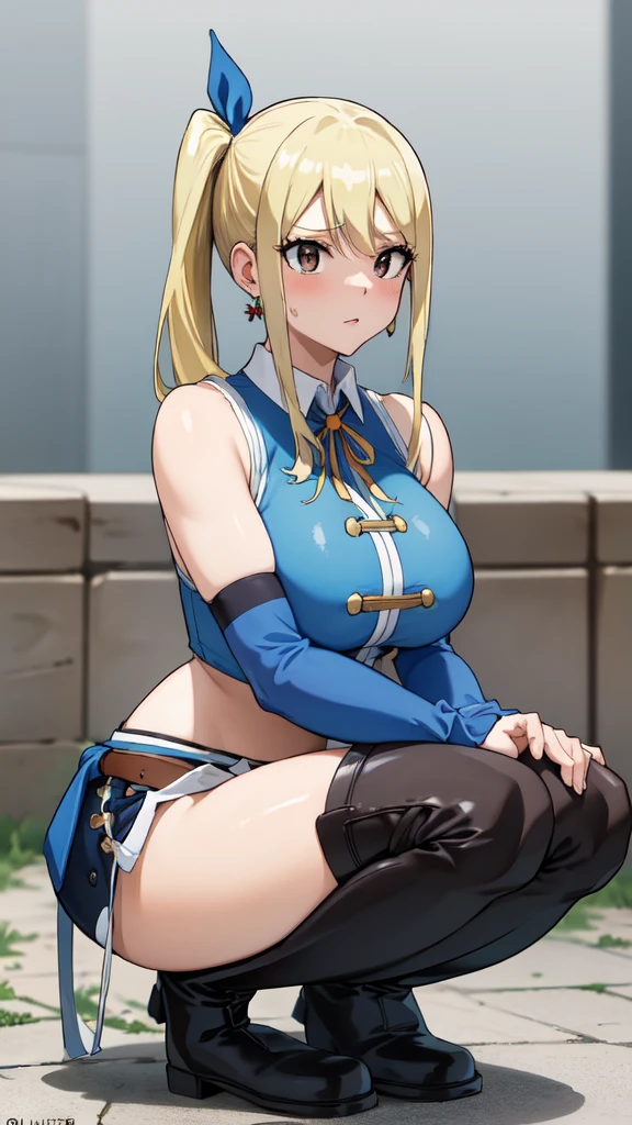 (masterpiece, best quality:1.2), solo, 1girl, lucy heartfilia, Face full of scars、Skin shiny with sweat、 injured scared girl、 crying wet bursting out eyes, real tears streaming down face, ultra-detailed eyes,bandaid on face,covered with mud,expression of despair,Illumination that emphasizes shiny sweat{{{Spread }}},(crotch rope walking:1.0), looking ta viewer, hands on hips, blue sleeveless, miniskirt, thigh boots