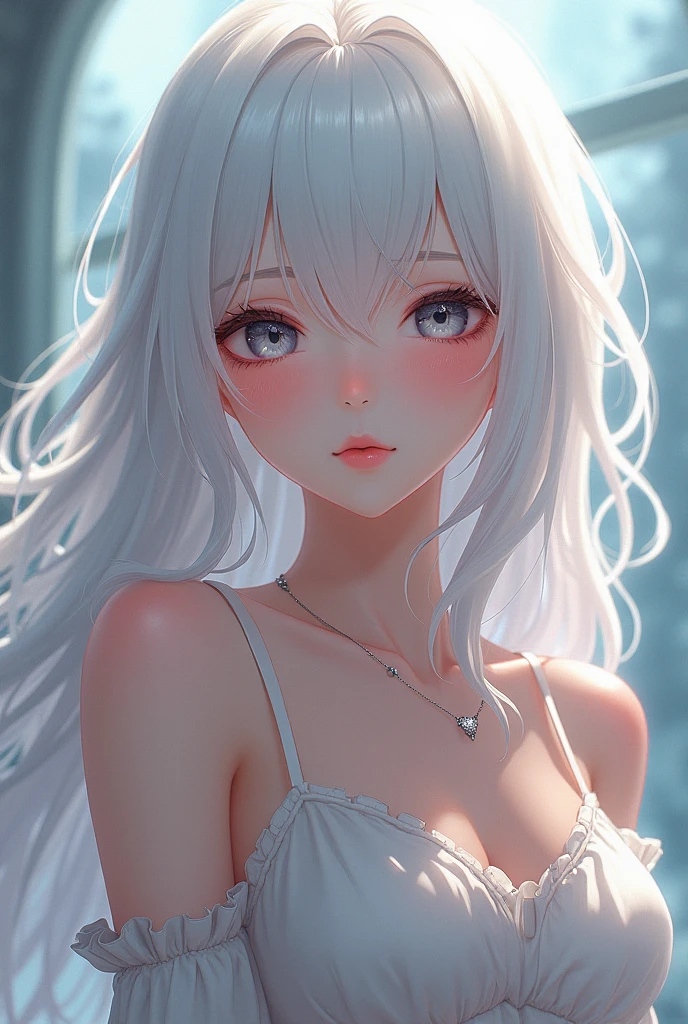 A white long haired female anime character with no clothes