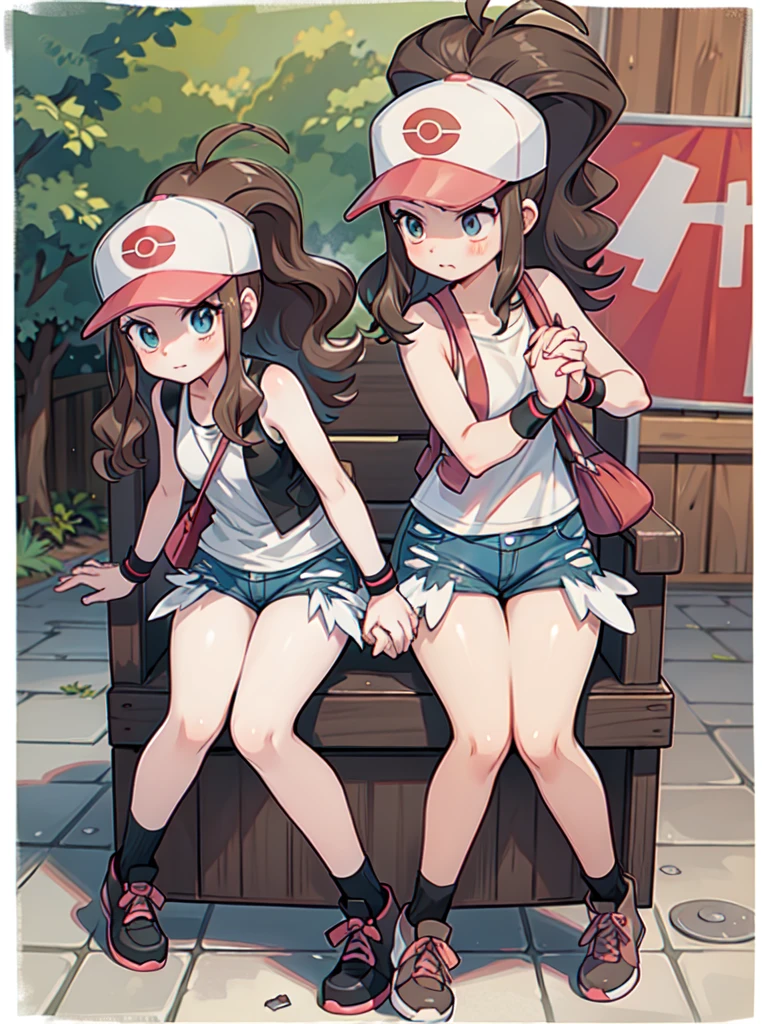 masterpiece, best quality, detailed, pov, 1girl, pokemonhilda, blue eyes, brown hair, long hair, ponytail, baseball cap, black bikini, smug, standing, grassy field, lake background, countryside distant background,
