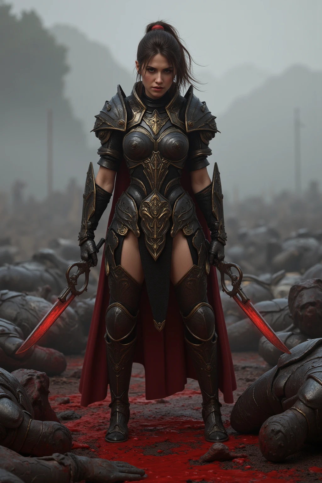 A muscular female heavy-armored warrior in scratched and blood-splattered plate armor, full helmet covered in dirt, wielding a massive axe, sweat dripping, intense gaze