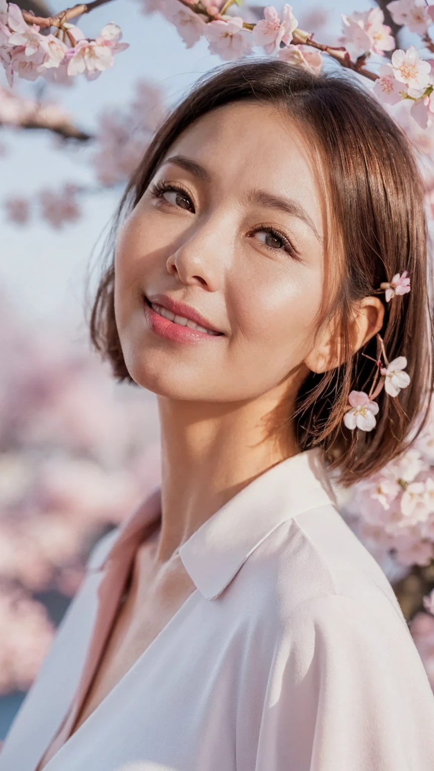 ((highest quality)), ((8K)), ((masterpiece: 1.3)), (perfect appearance), (photorealism: 1.6), (EI), (Mature woman looking up at the cherry blossom tree), perfect anatomy, ((Age 65)), (I'm looking up at the cherry blossoms blooming on the trees), ((white blouse)), ((lipstick, eyeshadow, eyeliner)), ((gentle smile)), (Upper body of a mature woman), (River edge lined with cherry blossom trees),