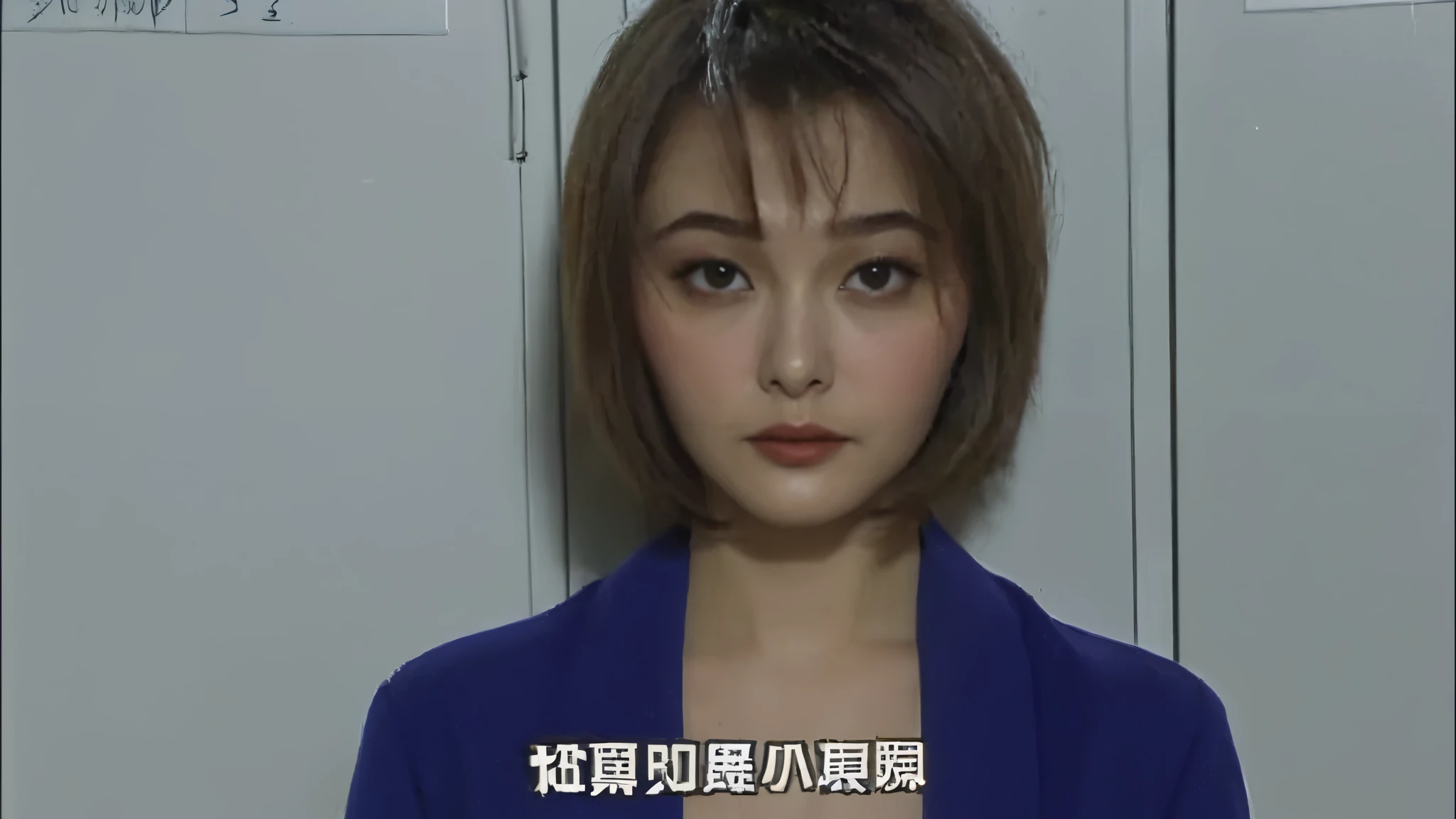 A close up of a woman with a blue jacket and a blue shirt - SeaArt AI
