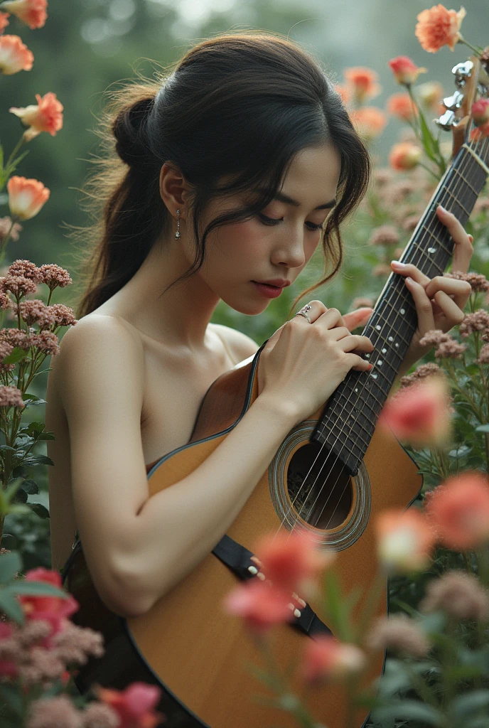 A woman sits naked in the forest with a small accordion on her lap