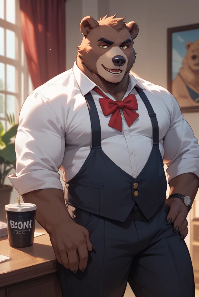 Solo, Male, polar bear, (short hair, snout), messy fur, messy hair, smirking, notched ear, by Bebebebebe, by Spikes, By Darkgem, by Mystic Fox 61, by Chunie, standing, suspenders, looking at viewer, Dilf, Daddy, father figure, mature male, hunk, pecs, very detailed clothing, very detailed fur texture, very detailed lighting, very detailed eyes, red bowtie, very well drawn clothing, very well drawn face