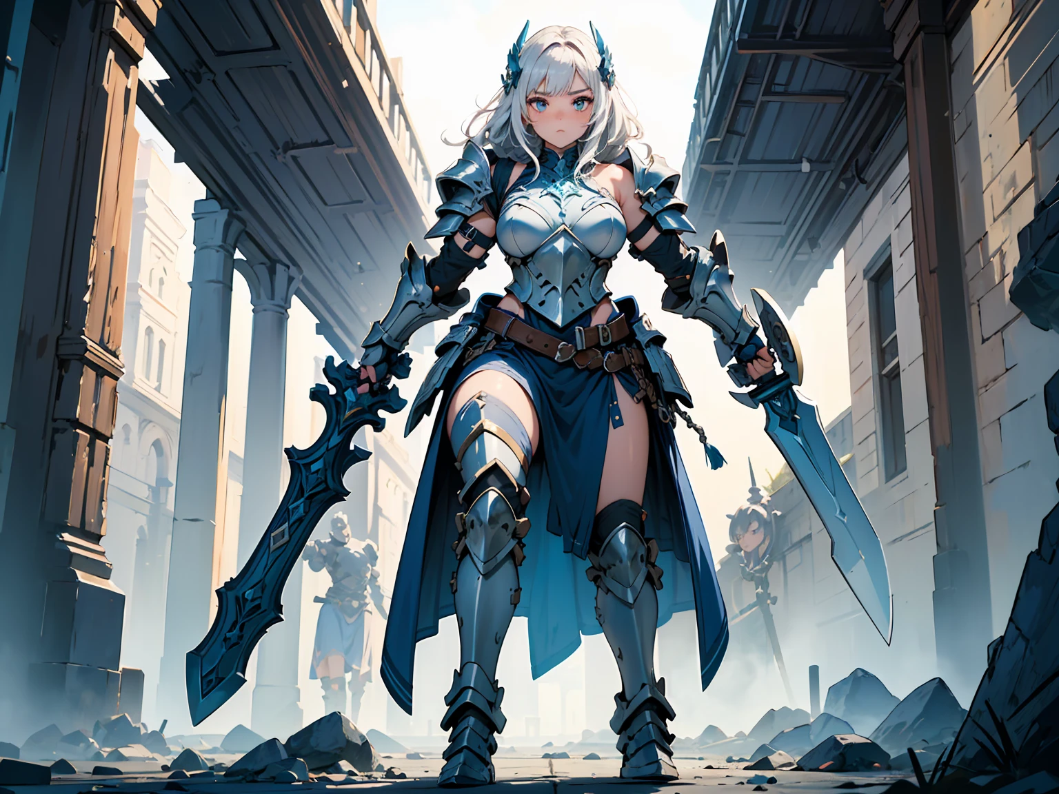 [3girls],BREAK:Char1, masterpiece, high quality, 1_woman, ((full body)), ((holding japanese katana in hand)), (exotic skin_complexion:1.4),mature, tall, beautiful, exotic, with long elf ears, looking at camera, long hair, silver hair, detailed face, angry expression, anime fight pose, having diamond shaped eyes, blue eyes, (dark_eyeliner), long_eyelashes medium_bust, thigh gap, wearing Steampunk corset, chest window, (brown shorts), crossing belts, (goggles on head), red tinted goggle lenses, long fingerless_gloves, belts with metal gears, making fist, black thigh highs with embroidery, knee boots with laces, dynamic lighting casts detailed shadows. BREAK:Char2, masterpiece, high quality, (1_women), (full body), (exotic skin_complexion), mature, (((timid pose))), beautiful, exotic, with long elf ears, (looking away from the camera), ((timid expression)), ((scared)), wearing (((yellow))) hooded cloak), hood down, yellow cloak, black choker, (thigh highs) with purple embroidery, long fingerless leather gloves, ((small breast)), black dress, bright purple hair, long hair, wavy hair, realistic and detailed face having (((green_eyes)), dark_eyeliner, long_eyelashes), natural dynamic lighting casts detailed shadows, knee high dark brown boots, arms together in a frighten pose, BREAK:Char3, Masterpiece, best quality, 1_woman, full body, ((on knees)), looking at the camera, in shocked expression, teal hair, long double hair braids, bright teal hair, diamond shaped eyes, glasses, large_bust, chest window, cleavage, dark blue (Victorian blazer), white halter top blouse, double button breast, long dark blue (lolita skirt), silver trim, black tights, black heels, petite, small waist, perfect hands, BREAK:Masterpiece, high quality, large spacious library, one hundred foot tall ceiling, archways, abandon building, old rustic library, underground, no windows, large room, ruined books, debris, trashed, rumble, broken walls, in cave, ominous light, ((at night)), stars, moon light,