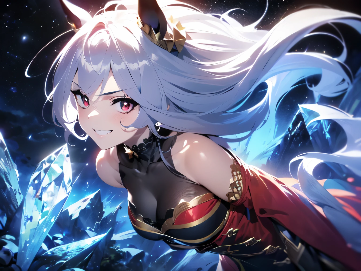 (Solo: 1.5), (Human), (Mature woman with horse ears: 1.5), (Horse tail), (Dark background, crystal earth, crystal plain, crystal forest, starry sky: 1.5), (Strong wind), (Big breasts, breast emphasis), (Leaning forward: 1.5), (Brave smile: 1.5), (Looking at camera), Hair blowing in the wind, (Lace outfit: 1.5, Black pantyhose), (Accurate anatomy: 1.5), (2D illustration: 1.5), Highest quality, highest resolution, (Upper body focus: 1.5), (Upper body close-up)