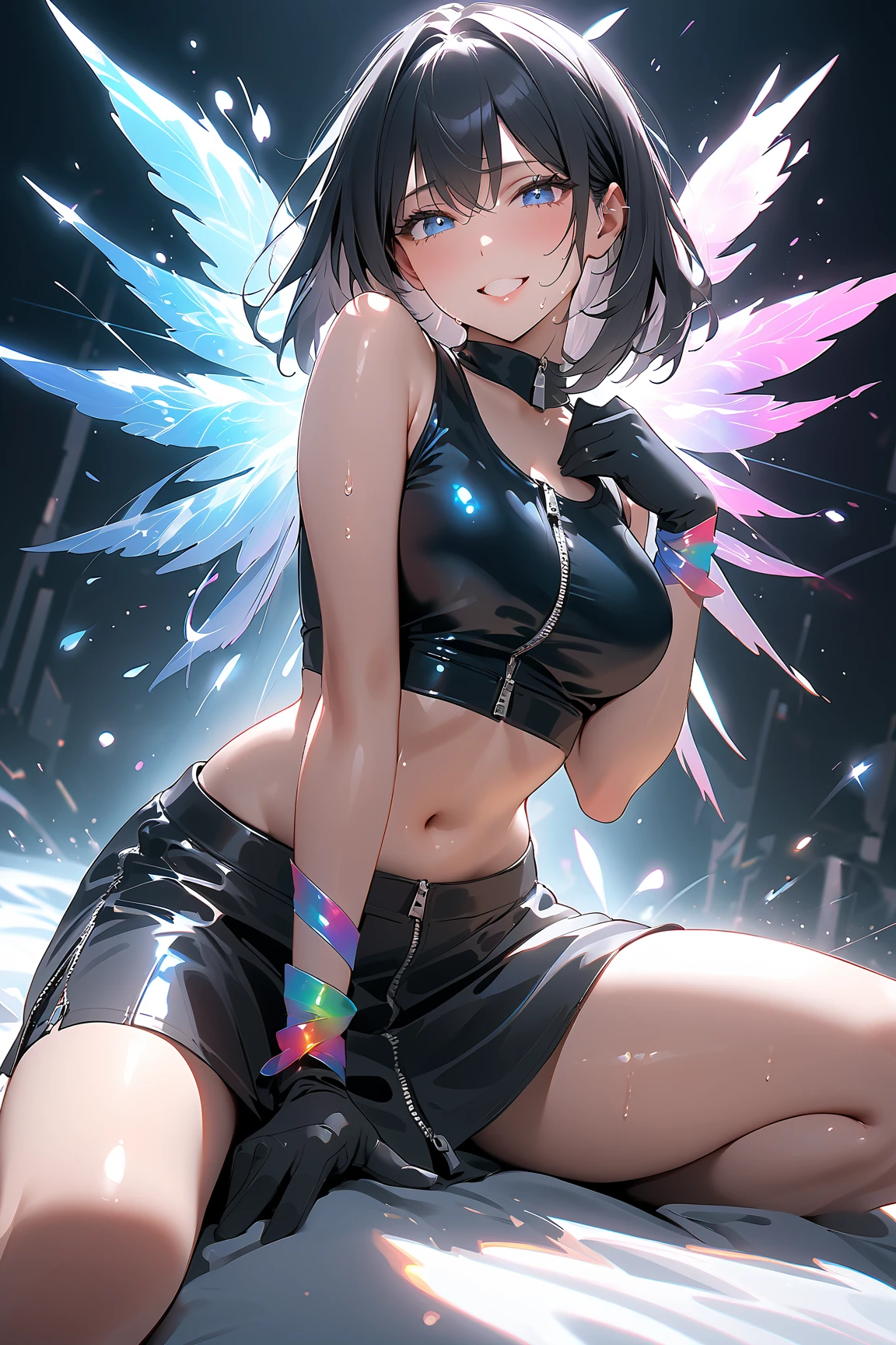 yellow eyes, (a girl), light gray non-transparent short sleeve blouse, transparent fabric at the waist, wavy hair 1.4, (Dark Blue Hair), shorth hair, dark blue and orange color scheme, (light green shorts), green bracelets on arms, straps from red thrings over transparent fabric at the waist, thong under shorts, blush, looking ahead at viewer