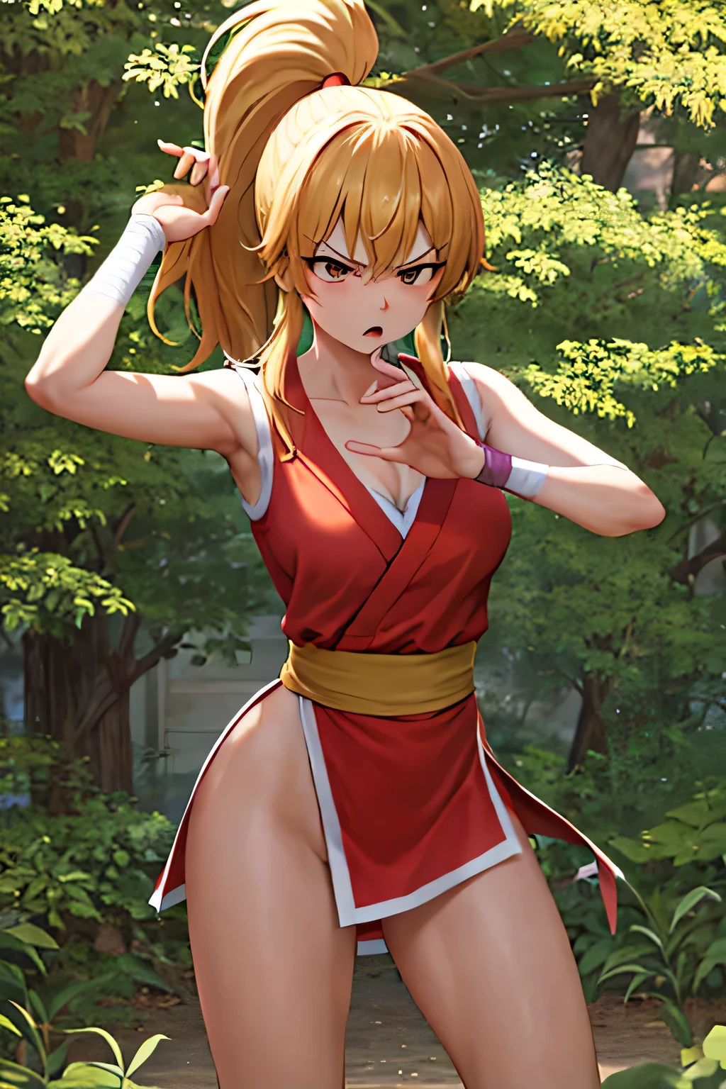 masterpiece, best quality, beautiful art, high resolution, well formed hands, body and fingers, 1 woman, solo, Lumine, grown up , adult, hair ribbon,big breasted, cleavage, full body, long hair, hair ornament gorgeous legs and thighs, cosplaying as Mai Shiranui , she is fighting in a combat match at a martial arts tournament, she is getting ready to fight, making her guard pose, action and fighting scene, about to hit the viewer, looking at the viewer, sweating , feeling confident and proud, smiling joyfully and happily, charming her opponent with her beauty, bouncing breasts, fighting scene, martial arts tournament on the beach