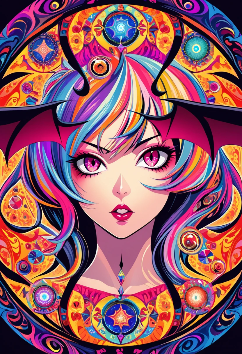 Bewitching Succubus, Symbolism of psychedelic art, Chaos and Eros with abstract expressions, Contemporary art work depicting succubus with different expressions reflected in a kaleidoscope