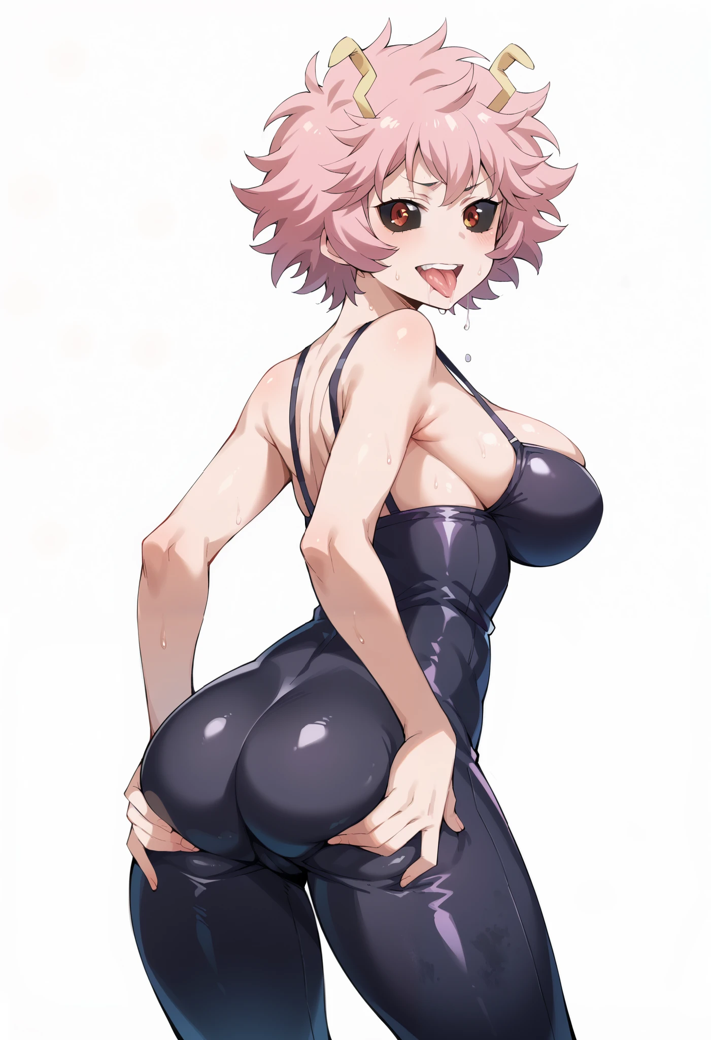 standing 、Squat、turn around、back、Pink School Swimwear、School swimsuit with heart cutout、masterpiece、Highest quality、One girl、solo、Ahegao、tongue、tongue出し、Mash Kyrielight、light purple hair,short hair,hair over one eyes、blush、Black eyes、Choker of Hearts、White background、Large Breasts、Big Breasts、Simple Background、Open your mouth、Pink tights、Pink long gloves、Pussy juice、Sweat、Drooling、pubic hair、(How:1.1)、Vulgar expression、Grabbing your buttocks with both hands、Point your butt hole at the viewer、Face out from between the crotches、