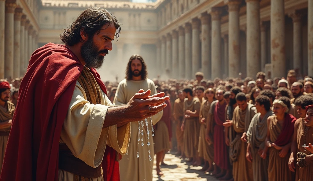 An image of Jesus and the fishermen, hands raised in celebration, surrounded by the miraculous catch.