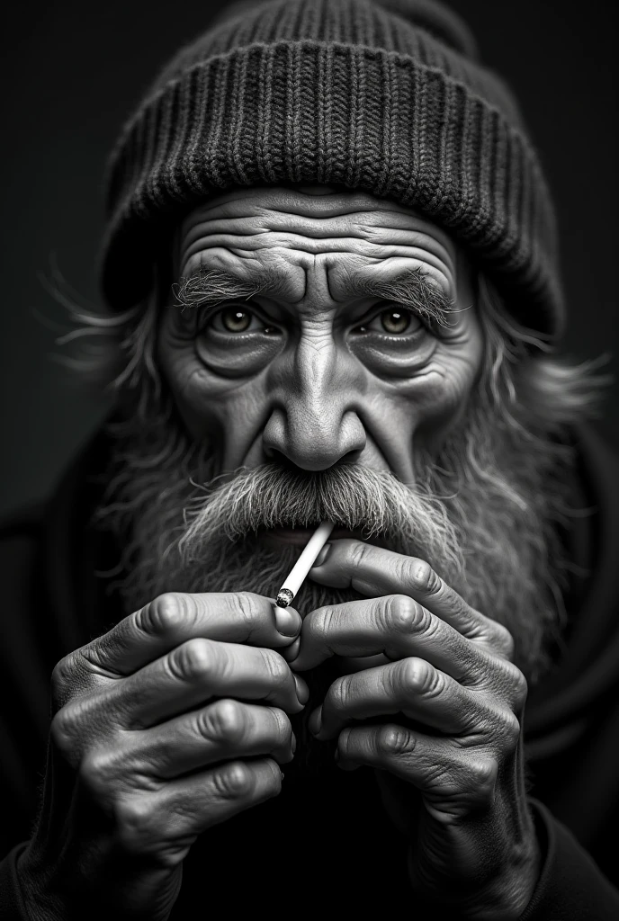 black and white photograph depicts a close-up portrait of an elderly man with weathered features, likely experiencing homelessness or extreme poverty.
The man has deeply lined, leathery skin that speaks to years of outdoor exposure. His eyes appear sunken and weary. He has long, unkempt hair partially visible beneath a baseball cap with "LA" lettering. A scraggly beard covers the lower part of his face. The man is smoking, with a cigarette held between his fingers near his mouth. The image employs high contrast, emphasizing the textures and contours of the man's face. Deep shadows accentuate his wrinkles and the hollows of his cheeks, while highlights catch on his prominent features. The composition is tight, filling the frame with the subject's face and hand. The lighting appears to be harsh and directional, possibly natural light or a single strong light source. This creates dramatic shadows and highlights that sculpt the man's features and add to the gritty, raw aesthetic of the image. The photograph was likely taken with a short telephoto lens, perhaps in the 85-135mm range. This would allow for the close-up perspective while maintaining a flattering compression of facial features. The shallow depth of field suggests a wide aperture was used, keeping the focus on the man's eyes and cigarette while softening other elements slightly. The high level of detail captured in the skin textures and facial hair indicates the use of a high-resolution camera or film. The grainy quality could be intentional or a result of pushing the film or digital ISO to cope with low light conditions.
Overall, this powerful portrait captures the harsh realities of life on the streets, using stark visual elements to evoke empathy and highlight the humanity of its