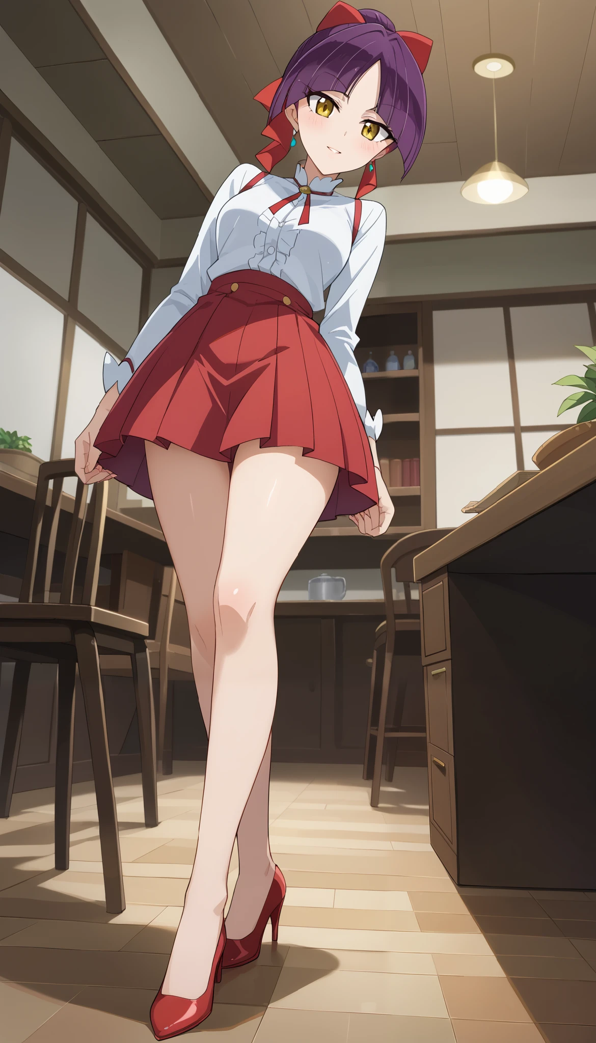 (((nekomusume [6th] (Gegege no Kitaro) ))),Big Eyes、((low angle))、(interior)、 orbital space、yellow eyes、Ulchan-6500-v1.1, ( RAW photos :1.2), beautiful detailed, very detailedな目 美しい目, beautiful eyes、 file size is large, high resolution, very detailed, best quality, [masterpiece:1.6], Awareness-raising, very detailed, CG, finely, best quality, 8K wallpaper, perfect figure,【sexual excitement:1.6】、dynamic、very detailed、 purple hair 、red skirt below the knee、Slim and beautiful thighs、Bare legs、red high heels