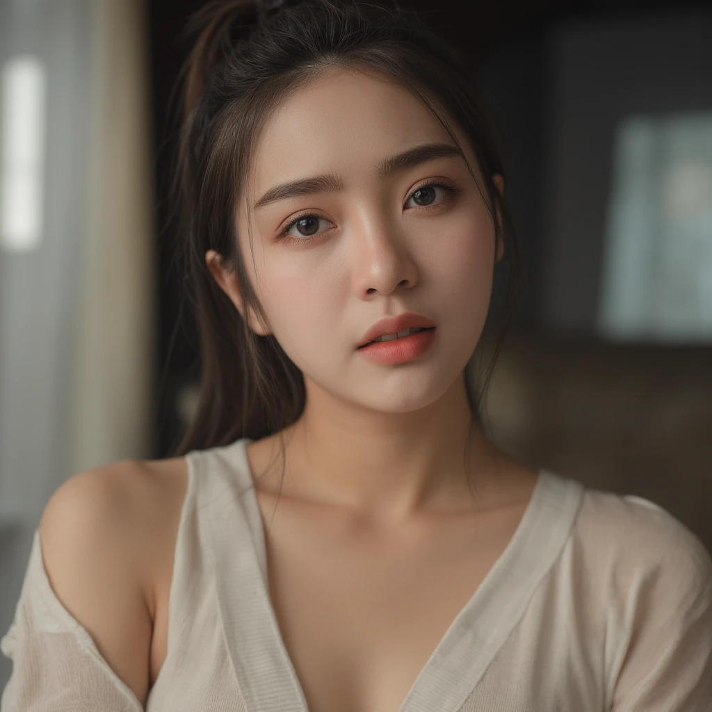 masutepiece, Best Quality, Illustration, Ultra-detailed, finely detail, hight resolution, 8K Wallpaper, Perfect dynamic composition, Beautiful detailed eyes, Natural Lip, black knitted dress , small breasts, cleavage, (open shirt, studio background).