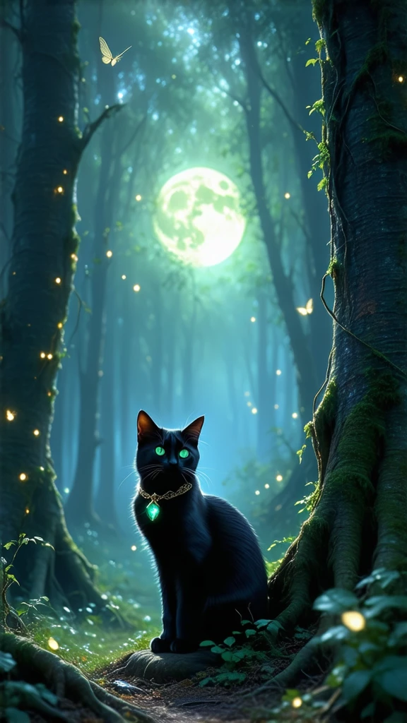 ultra-realistic, photorealistic, dramatic scene, shadow, global-illumination, mystical forest illuminated by soft moonlight, majestic black cat with glowing green eyes, wearing an ornate collar with a glowing gemstone, surrounded by magical fireflies, ethereal mist curling through ancient trees, enchanted atmosphere, ultra-detailed