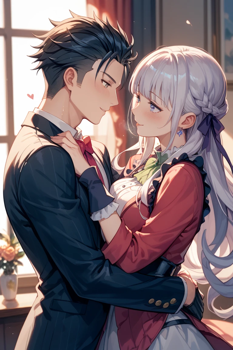1 male and female couple,Women are about the shoulder height of men.,Both of them come from different schools.,Let's find love under the Christmas tree.