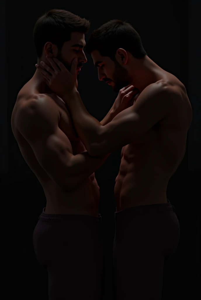 Two handsome men with beautiful faces shirtless in black pants against the wall