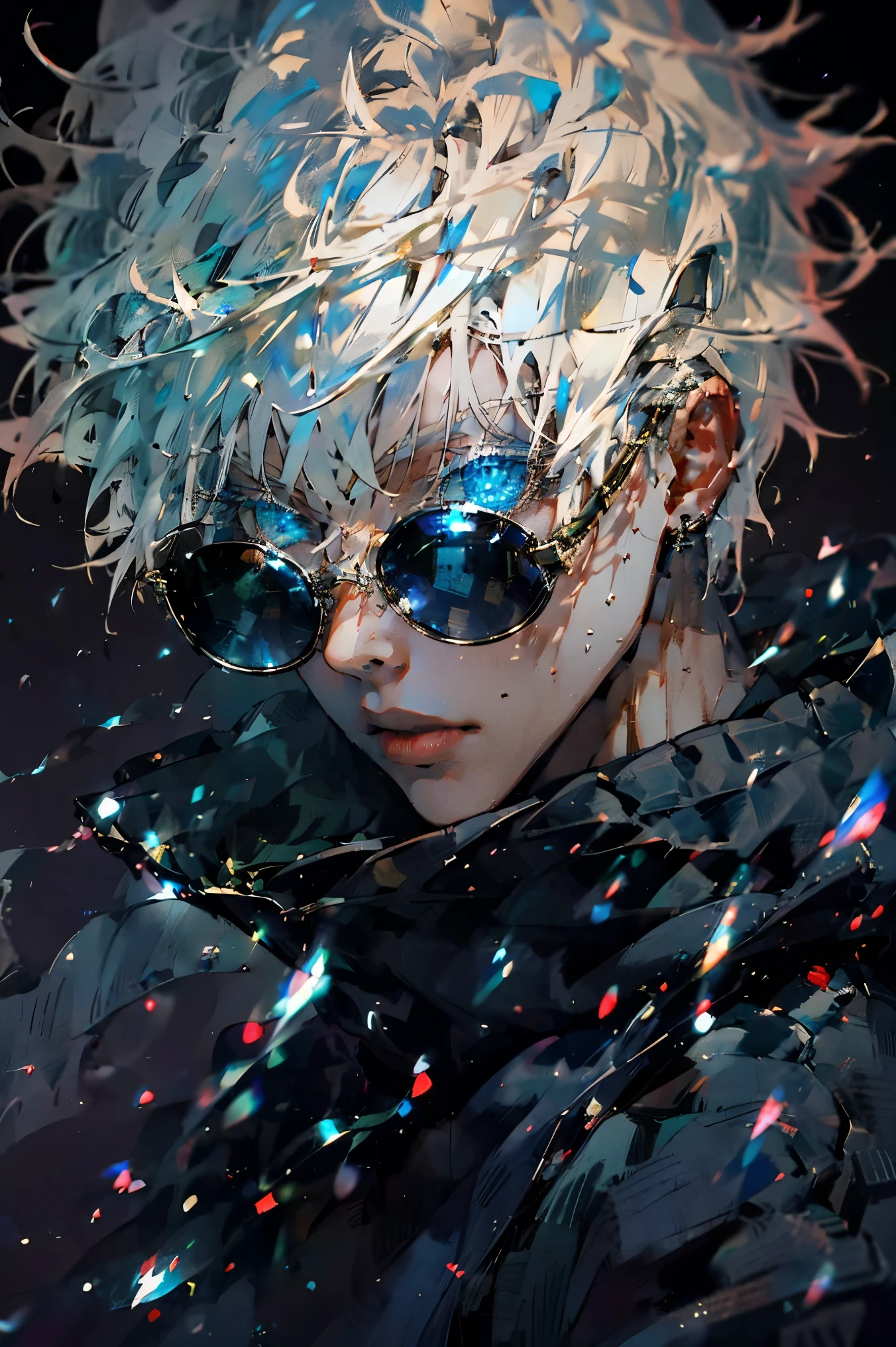 1 boy, rimlight,on fe_in_screen,masterpiece,Best Quality,soloGojo Sinoru,Most detailed.sunglasses,shining eyes,white hair,